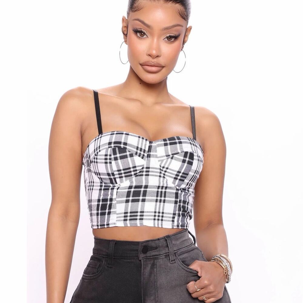 Y2K Rue 21 bustier top plaid blk wht 34b adj straps rave Coachella academia